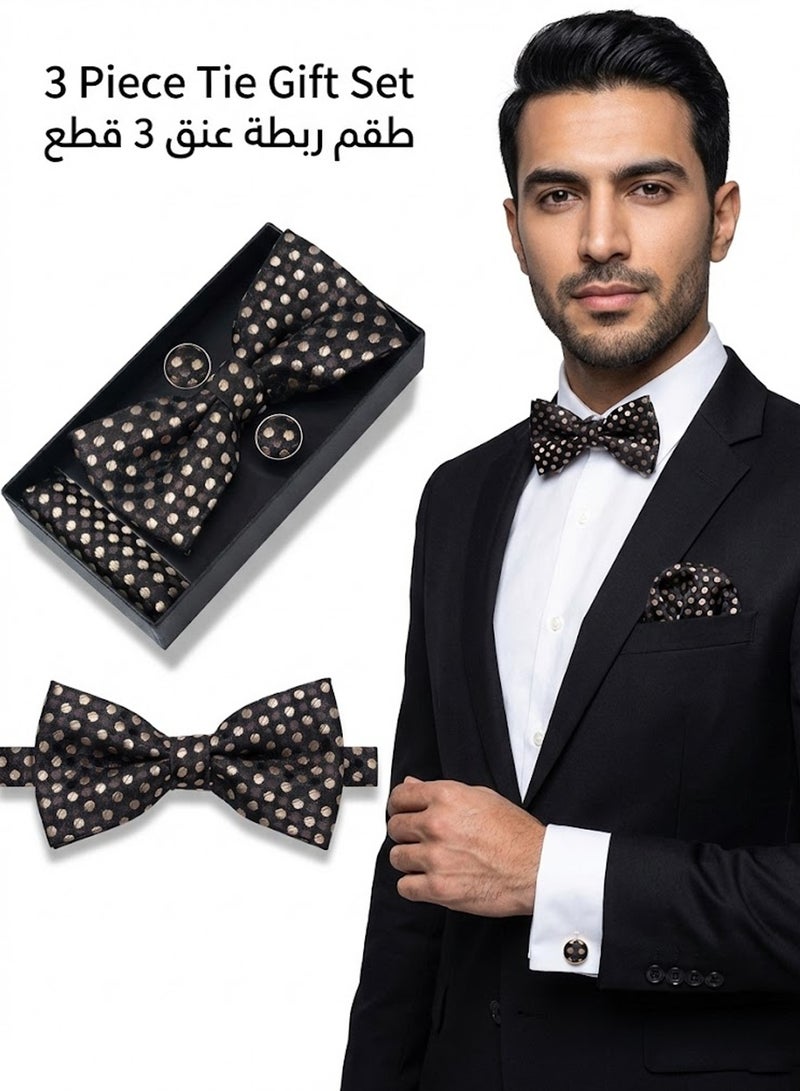 FIORICASA 3-Piece Men's Bow Tie Gift Set - Black & Champagne Gold Polka Dot Jacquard Bowtie with Matching Cufflinks & Pocket Square for Formal Events - Image 1